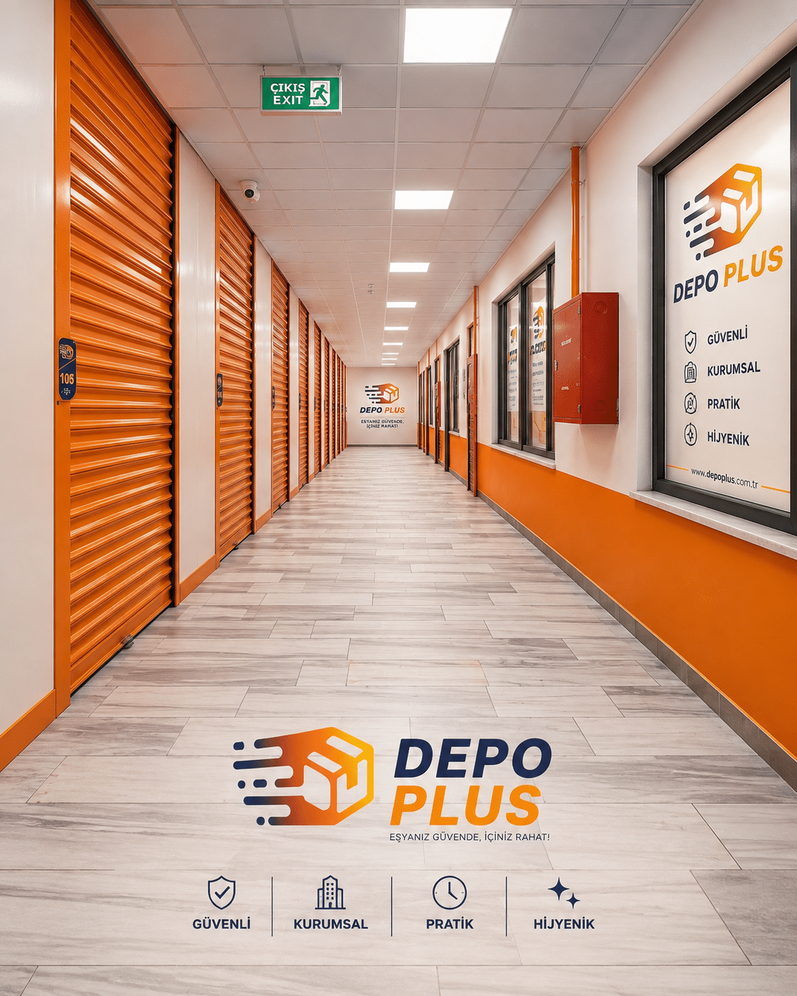 Depo Plus+ logolu depo koridoru, sigortalı eşya depolama alanı